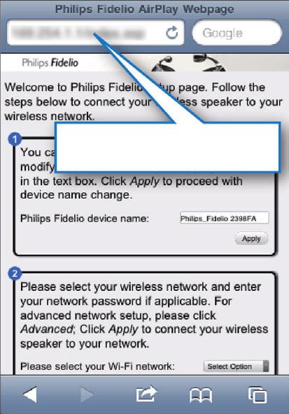 Εάν χρησιμοποιείτε Safari στον υπολογιστή PC/Mac με δυνατότητα Wi-Fi, μπορείτε επίσης να επιλέξετε Philips_Fidelio XXX από την αναπτυσσόμενη λίστα του Bonjour για να