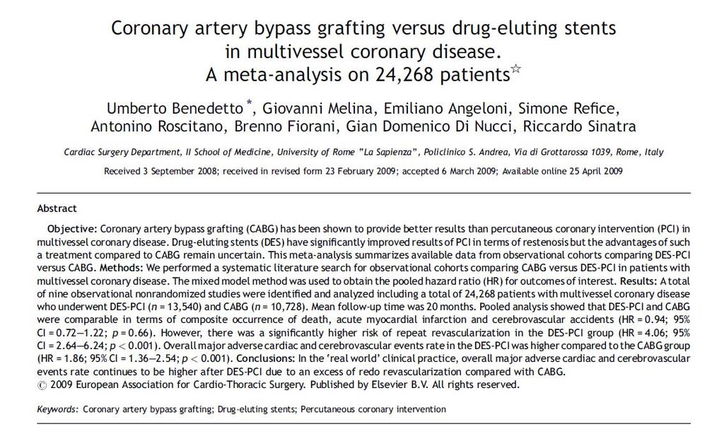 CABG Versus DES Benedetto U, Melina G, Angeloni E, et al.