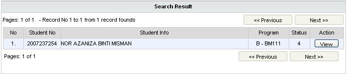 SISTEM MAKLUMAT PELAJAR BERSEPADU Masukkan nama atau nombor pelajar Gambarajah 2 9. Jadual Search Result akan terpapar.