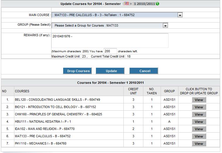 SISTEM MAKLUMAT PELAJAR BERSEPADU 10. Untuk menjana bil kursus yang telah didaftar tadi, klik VIEW ACADEMIC BILL.