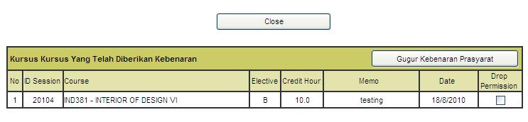 5 dibawah:- Klik butang Close Klik butang Gugur Kebenaran Prasyarat Gambarajah 1.5 Klik pada kotak checkbox 12. Sila tekan butang Close jika tidak ingin membuat pembetulan.