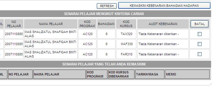 Lihat paparan di bawah :- Masukkan Memo Klik BATAL Klik Refresh Gambarajah 1.7 18. Lihat gambarajah di bawah :- Klik pada kotak checkbox Klik OK Gambarajah 1.