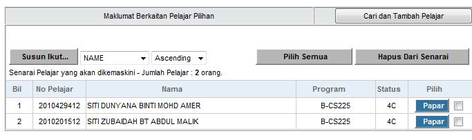 Klik Pilih Semua untuk memilih semua pelajar yang ada didalam senarai. 11. Klik Masukkan Pelajar Ke Senarai. 12. Gambarajah 1.4 akan dipaparkan : - Klik OK Gambarajah 1.4 13. Klik OK. 14.