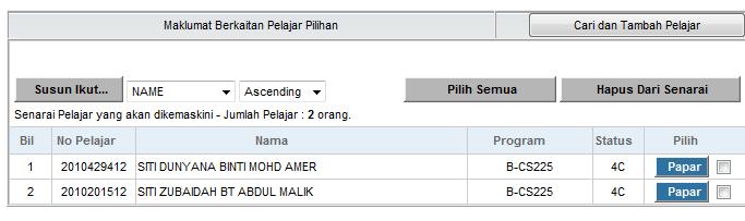 Klik Pilih Semua untuk memilih semua pelajar yang ada didalam senarai. 11. Klik Masukkan Pelajar Ke Senarai. 12. Gambarajah 1.4 akan dipaparkan : - Klik OK Gambarajah 1.4 13. Klik OK. 14.