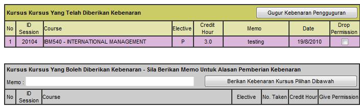 SISTEM MAKLUMAT PELAJAR BERSEPADU 17. Lihat paparan dibawah :- Kod kursus yang telah diberi kebenaran pengguguran kursus Klik Gugur kebenaran Pengguguran Klik checkbox Gambarajah 1.