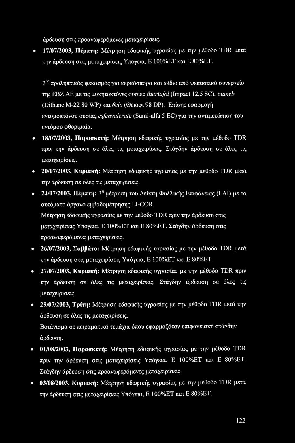 Επίσης εφαρμγή εντμκτόνυ υσίας esfenvalerate (Sumi-alfa 5 EC) για την αντιμετώπιση τυ εντόμυ φθριμαία.