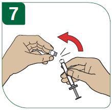 7 - Αφαιρέστε την προγεμισμένη με διαλύτη σύριγγα από τη συσκευασία της. Σπάστε και απορρίψτε την άκρη της σύριγγας.