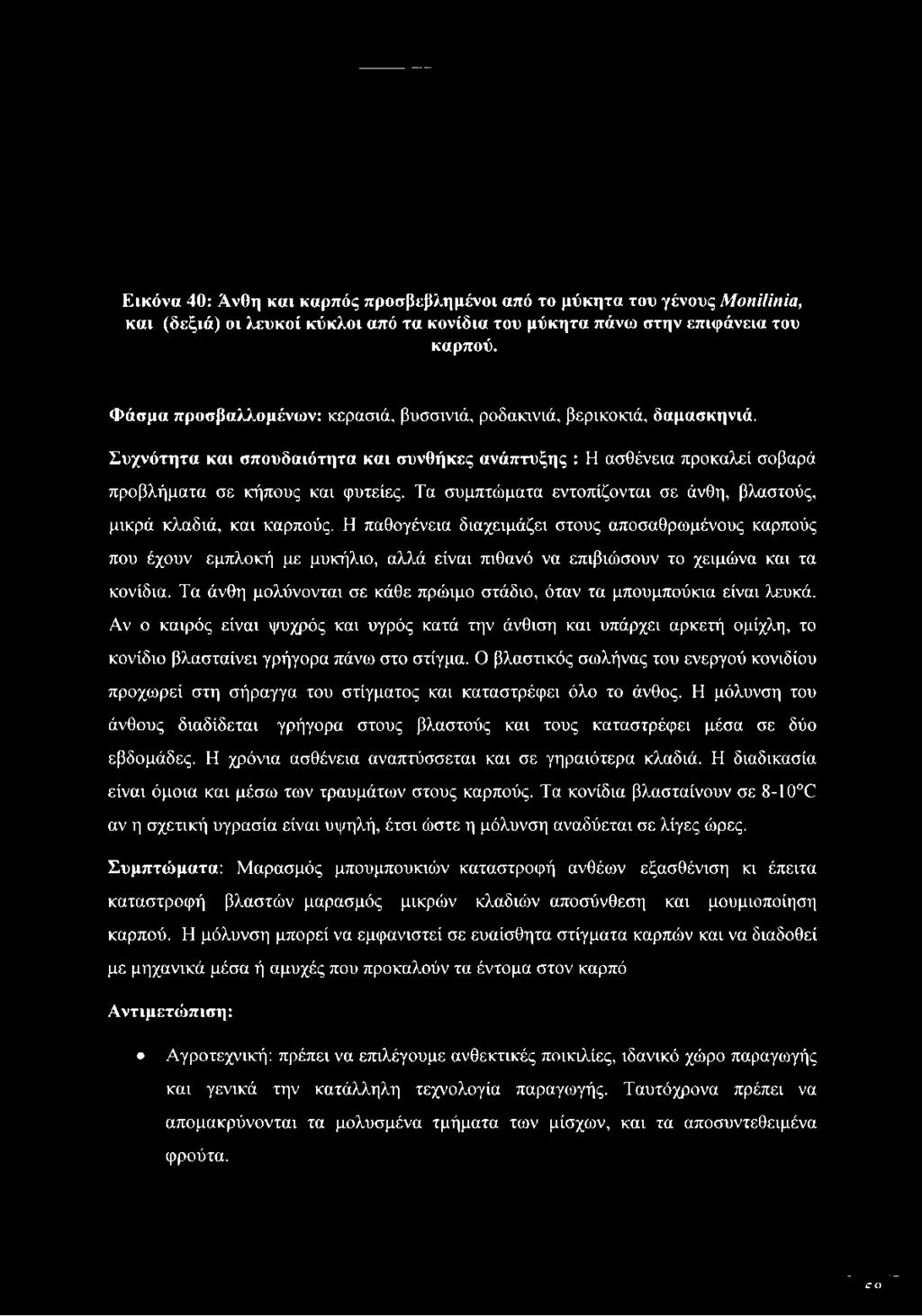 Τα συμπτώματα εντοπίζονται σε άνθη, βλαστούς, μικρά κλαδιά, και καρπούς.