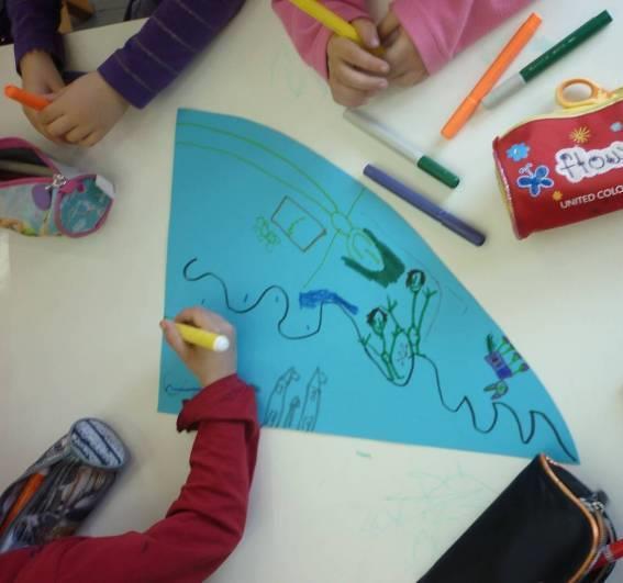 Ζωγραφίζοντας τη βάρκα μας (1/4) Τα παιδιά πάνω σε χαρτιά, που όταν ενώνονταν θα σχημάτιζαν μια