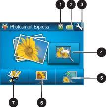 Μενού Photosmart Express Οι παρακάτω επιλογές γίνονται διαθέσιµες στο µενού Photosmart Express όταν τοποθετήσετε µια κάρτα µνήµης ή αγγίξετε το εικονίδιο Home (Αρχική) στο πλαίσιο γρήγορης επιλογής.