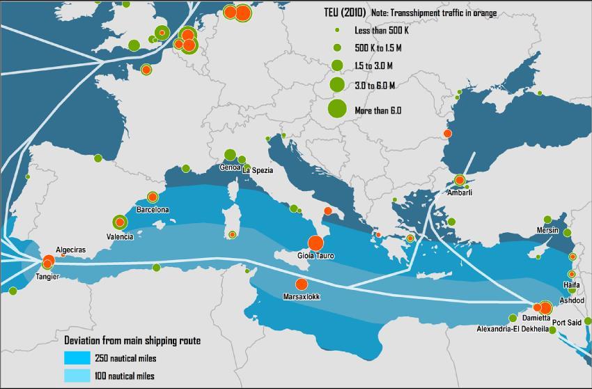 ΕΙΚΟΝΑ 3.1: ΧΑΡΤΗΣ ΜΕΓΑΛΥΤΕΡΩΝ ΕΥΡΩΠΑΙΚΩΝ ΛΙΜΑΝΙΩΝ ΚΑΙ ΚΥΡΙΩΝ ΘΑΛΑΣΣΙΩΝ ΔΙΑΔΡΟΜΩΝ Πηγή: Rodrigue J.P. & Notteboom T.