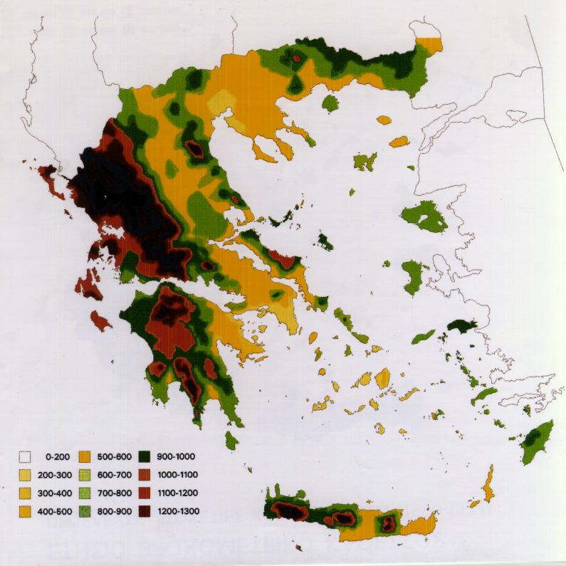 ΚΑΤΑΝΟΜΗ ΒΡΟΧΟΠΤΩΣΕΩΝ ΣΤΟΝ ΕΛΛΗΝΙΚΟ ΧΩΡΟ Απεικόνιση της επιφάνειας μέσης ετήσιας βροχόπτωσης, με την μέθοδο της ψηφιδωτής διαμέρισης.