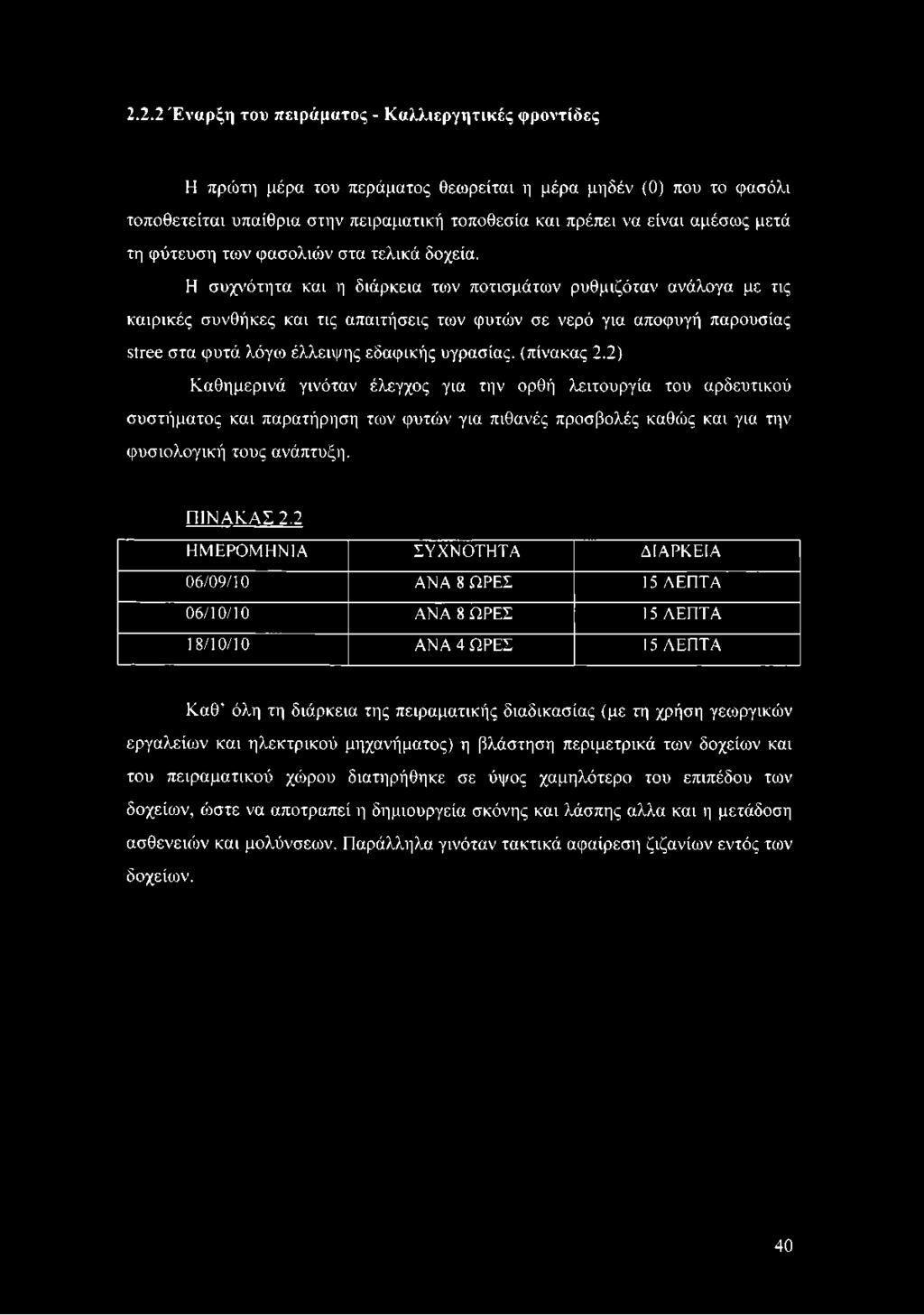Η συχνότητα και η διάρκεια των ποτισμάτων ρυθμιζόταν ανάλογα με τις καιρικές συνθήκες και τις απαιτήσεις των φυτών σε νερό για αποφυγή παρουσίας Βίτεε στα φυτά λόγω έλλειψης εδαφικής υγρασίας,