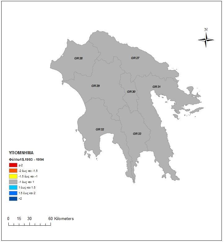 Εικόνα 35: Θεματικός χάρτης απόδοσης κατηγοριών ξηρασίας/υγρασίας, του έτους 92-93