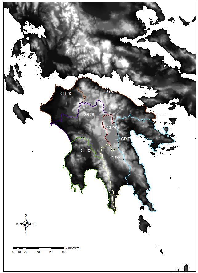 Εικόνα 8: Ψηφιακό Μοντέλο Εδάφους για εξαγωγή Μέσων Υψομέτρων Από το πρόγραμμα προέκυψαν για κάθε λεκάνη απορροής τα μέσα υψόμετρα, τα οποία δίνονται στον ακόλουθο πίνακα.