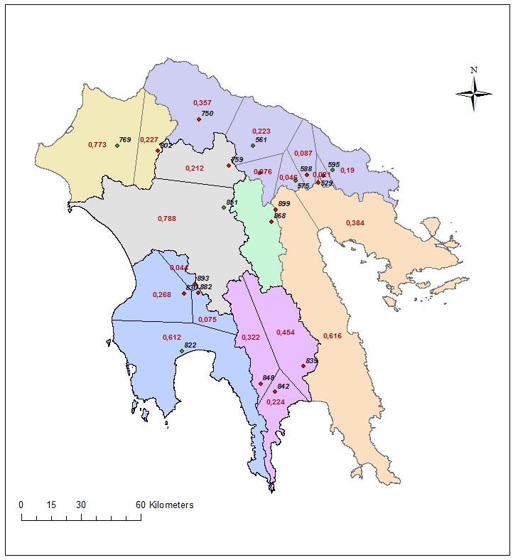 Εικόνα 9: Πολύγωνα Thiessen και βάρη για κάθε σταθμό Τέλος, μοιράζονται τα ετήσια επιφανειακά ύψη βροχής που έχουν αναχθεί στο μέσο υψόμετρο της λεκάνης