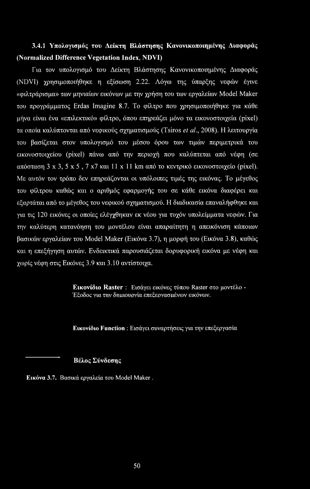 Το φίλτρο που χρησιμοποιήθηκε για κάθε μήνα είναι ένα «επιλεκτικό» φίλτρο, όπου επηρεάζει μόνο τα εικονοστοιχεία (pixel) τα οποία καλύπτονται από νεφικούς σχηματισμούς (Tsiros et al., 2008).