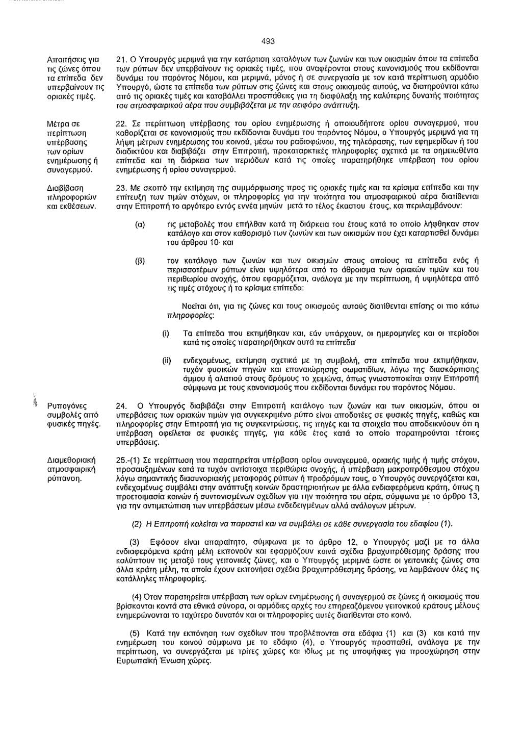 493 Απαιτήσεις για τις ζώνες όπου τα επίπεδα δεν υπερβαίνουν τις οριακές τιμές. Μέτρα σε περίπτωση υπέρβασης των ορίων ενημέρωσης ή συναγερμού. Διαβίβαση πληροφοριών και εκθέσεων. 21.