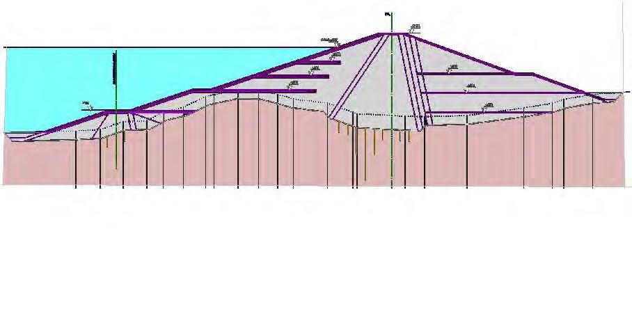 (α) (β) Σχήµα 4. Σκαριφηµατική απεικόνιση των δύο εγκάρσιων διατοµών του φράγµατος που µελετήθηκαν: (α) της µέγιστης ιατοµής ( Χ.Θ. 475), και (β) της ιατοµής 11 ( Χ.Θ. 30). Figure 4.