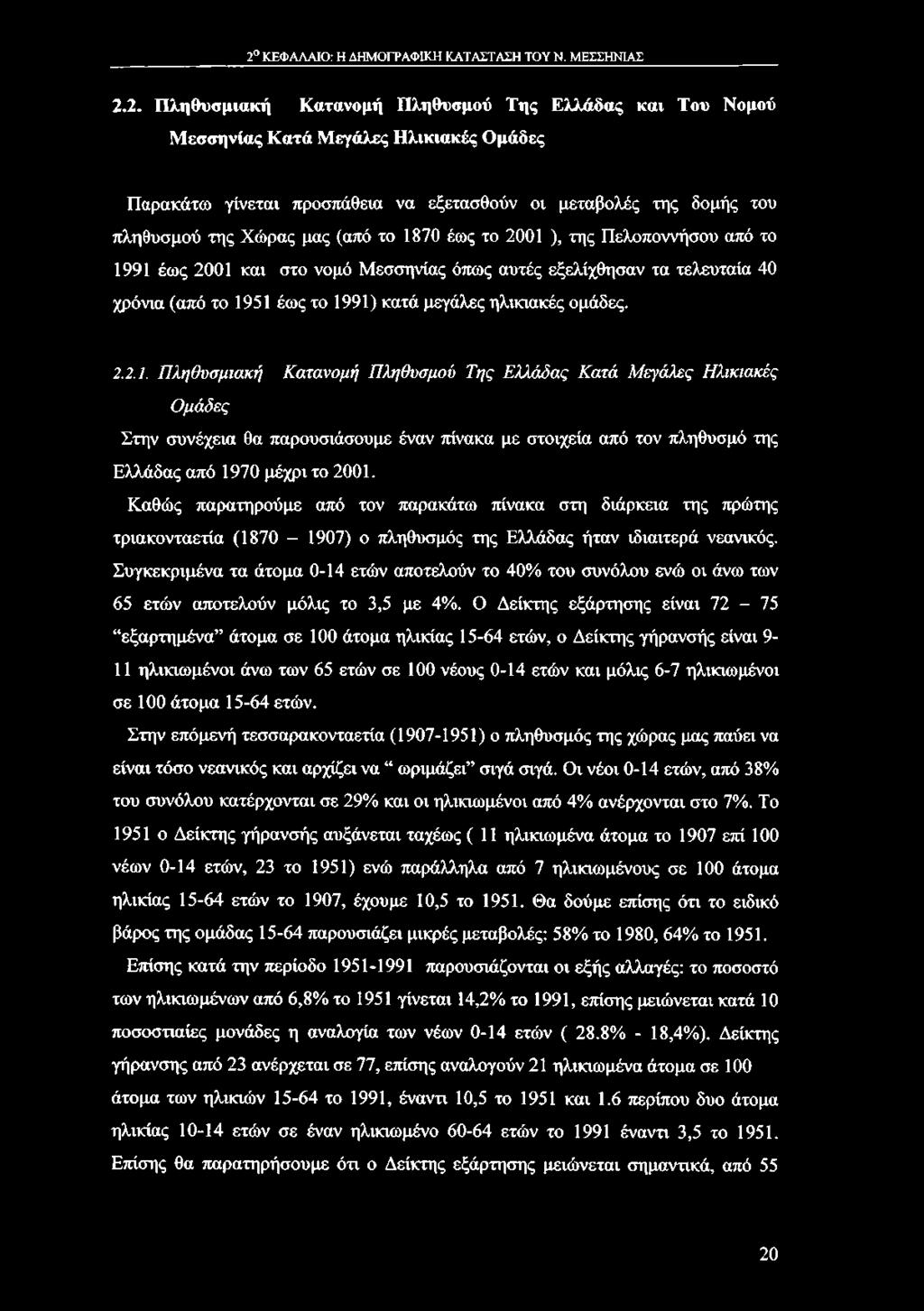 το 1991) κατά μεγάλες ηλικιακές ομάδες. 2.2.1. Π λη θ υ σ μ ια κ ή Κ α τα νομή Π λη θ υσμού Τ ης Ε λλά δ α ς Κ α τά Μ εγά λες Η λικ ια κ ές Ο μ ά δ ες Στην συνέχεια θα παρουσιάσουμε έναν πίνακα με