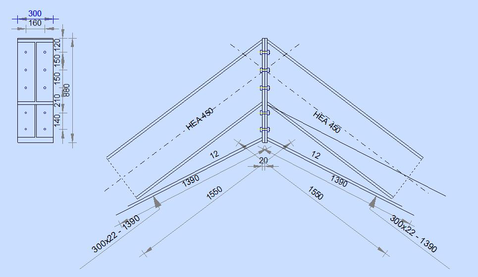 Εικόνα 6.4 : Γεωμετρικά χαρακτηριστικά της σύνδεσης Ο λόγος εκμετάλλευσης της σύνδεσης για το δυσμενέστερο συνδυασμό προκύπτει ίσος με 0.75 και οι αντοχή του κόμβου είναι η παρακάτω: Μj,Rd=333.