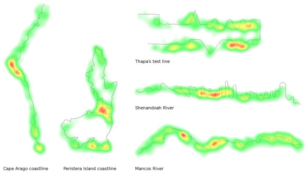 Εικόνα 4.15 Οι θερμικοί χάρτες που προέκυψαν κατά τη σάρωση των χαρτογραφικών γραμμών στην έρευνα των Bargiota, Mitropoulos, Krassanakis & Nakos (Bargiota et al. 2013).