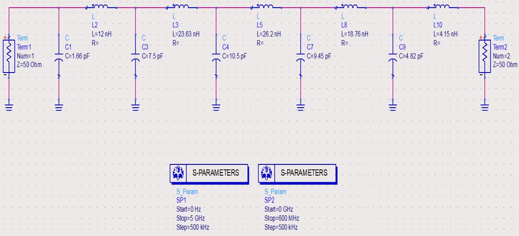 C 7 = C 9 = C 7n 2 π F C R L = 9.45pF L 8 = R L L 8n 2 π F C = 18.76nH C 9n 2 π F C R L = 4.82pF L 10 = R L L 10n 2 π F C = 4.