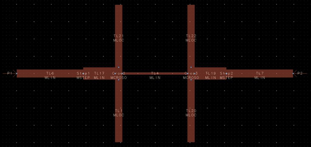 3: Layout Χαμηλοπερατού Φίλτρου με γραμμές μεταφοράς και ανοιχτοκυκλωμένα στελέχη Προκειμένου να ελέγξουμε την σωστή μεθοδολογία της σχεδίασης συγκρίναμε και