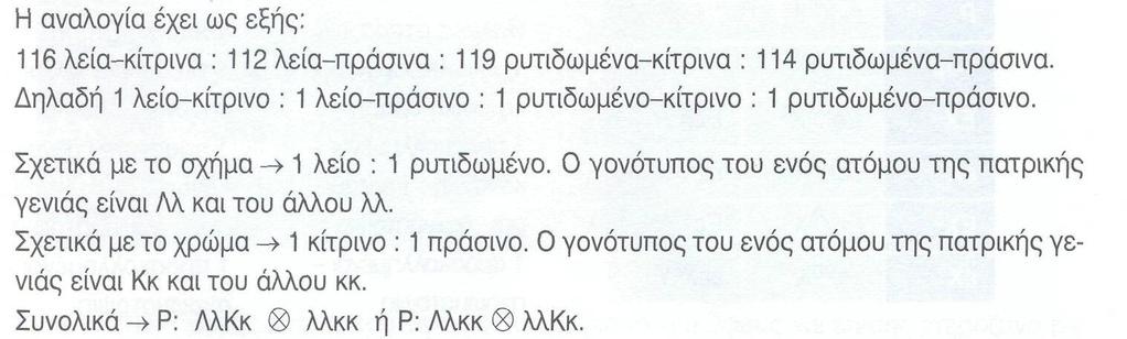 13. Από τη διασταύρωση δύο μοσχομπίζελων προέκυψαν 116 φυτά με λεία και κίτρινα σπέρματα, 112 φυτά με λεία και πράσινα σπέρματα, 119 φυτά με ρυτιδωμένα και κίτρινα σπέρματα και 114 φυτά με ρυτιδωμένα