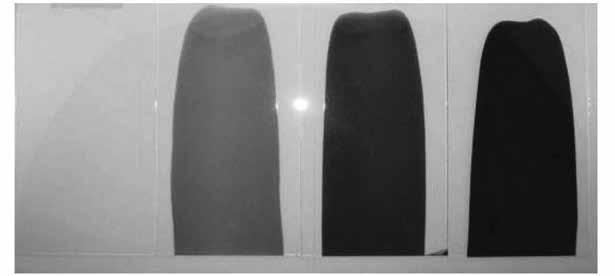 شکل 1: پوشش شفاف بر پایه Bayhydrol D 155 حاوی مقادیر مختلف MWCNT )از چپ به راست به ترتیب: %0 %0/5 %1 و.)%2 D 155 و بعد از آن Worlessol 61A است.