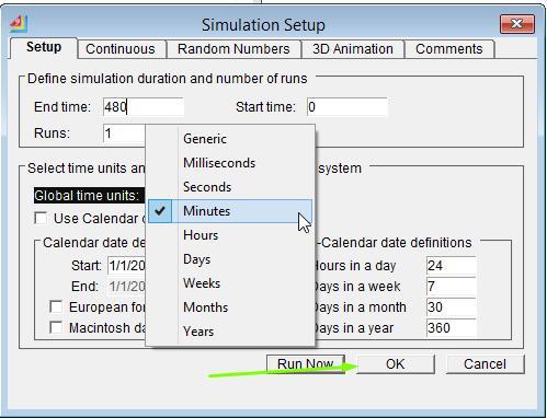 Το επόμενο βήμα είναι η επιλογή του πεδίουrun και έπειτα η επιλογή Simulation Setup (εικόνα 76 ) ενώ στο παράθυρο που εμφανίζεται ορίζεται ο χρόνος για τον οποίο θα πραγματοποιηθεί η προσομοίωση,
