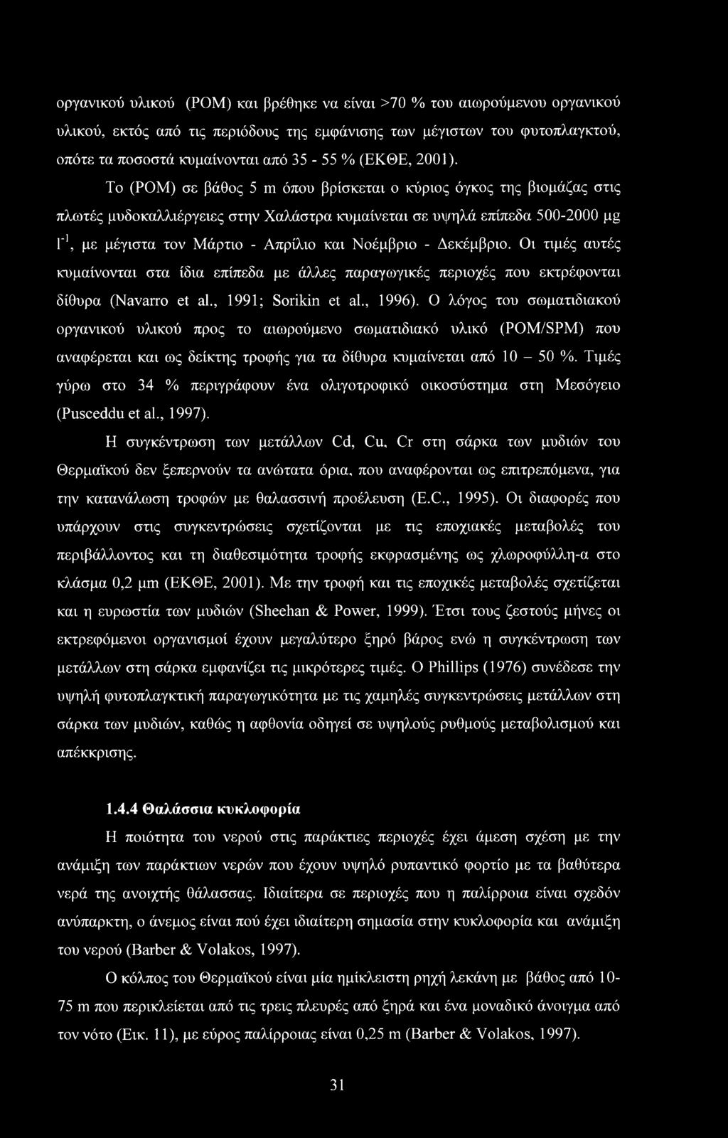Το (ΡΟΜ) σε βάθος 5 m όπου βρίσκεται ο κύριος όγκος της βιομάζας στις πλωτές μυδοκαλλιέργειες στην Χαλάστρα κυμαίνεται σε υψηλά επίπεδα 500-2000 μμ Γ1, με μέγιστα τον Μάρτιο - Απρίλιο και Νοέμβριο -