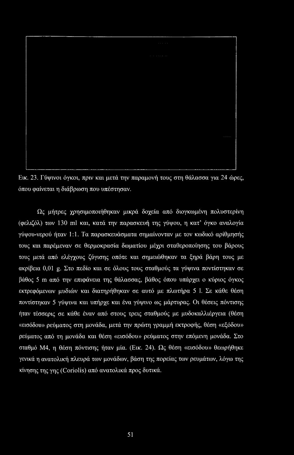 Εικ. 23. Γύψινοι όγκοι, πριν και μετά την παραμονή τους στη θάλασσα για 24 ώρες, όπου φαίνεται η διάβρωση που υπέστησαν.