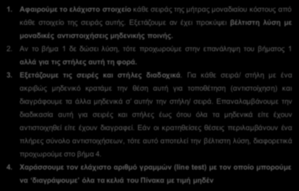 Π.Α. Αλγόριθµος Επίλυσης (Hungarian Method) 1. Αφαιρούμε το ελάχιστο στοιχείο κάθε σειράς της μήτρας μοναδιαίου κόστους από κάθε στοιχείο της σειράς αυτής.