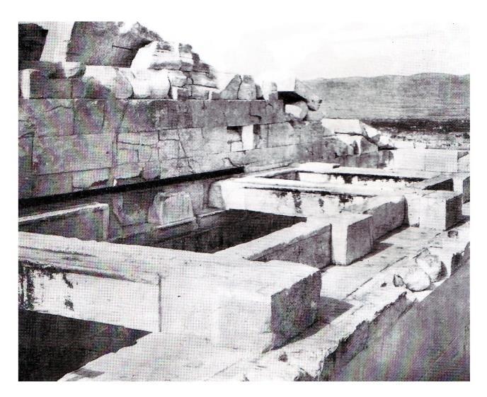 συνδέσμους σχήματος διπλού ταυ (μήκους 0.26m), ενώ στερεωνόταν στις κατά μήκος του πτερού και του τοίχου του σηκού ημιδοκούς με τη χρήση γόμφων.