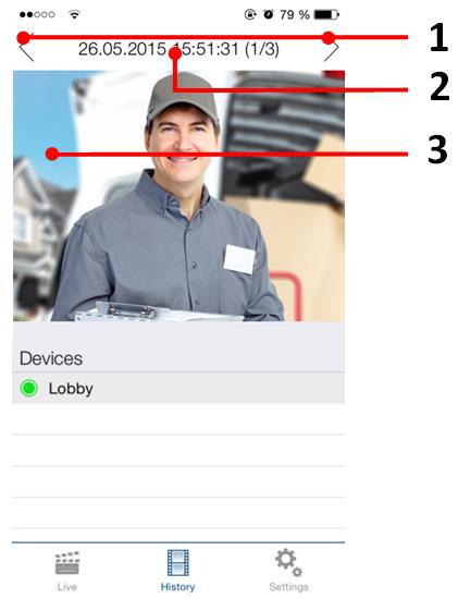 Εφαρμογή του video door station - Οθόνη "ιστορικού" Αυτή η οθόνη σας επιτρέπει να πλοηγηθείτε στο ιστορικό των επισκεπών σας.