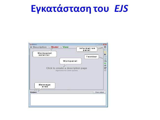 Το EJS παρέχει τρία workpanels για την μοντελοποίηση. Το πρώτο workpanel-description- επιτρέπει την δημιουργία multimedia HTML-που περιγράφει το μοντέλο.