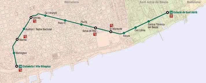 Trambesos Το συνολικό μήκος της γραμμής είναι 14.1 km με συνολικό αριθμό 27 στάσεων και περιλαμβάνει συνδέσεις με το σύστημα μετρό της πόλης της Βαρκελώνης, όπως και με λεωφορειακές γραμμές.