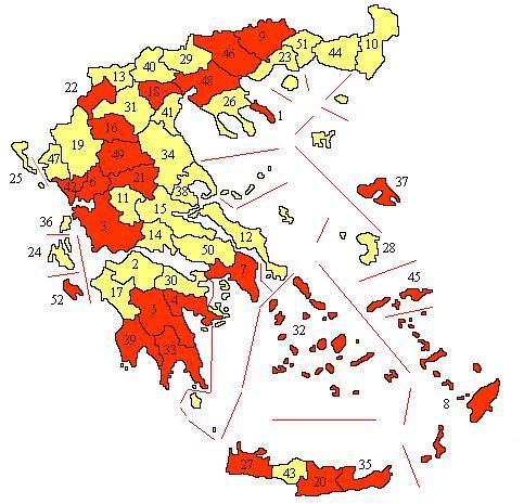 Η Χωρική και Οικονομική Διάσταση του Θρησκευτικού Τουρισμού στην Ελλάδα 33 Χάρτης 16: Νομοί με θρησκευτικά μνημεία με