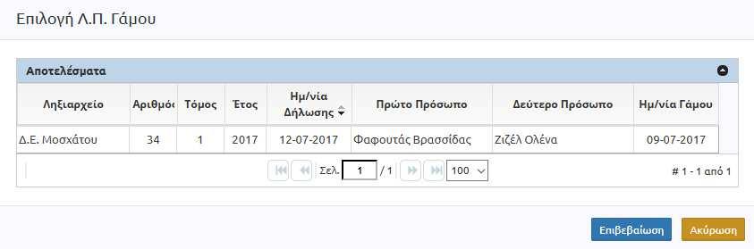 Εμφανίζεται η ακόλουθη οθόνη που μας προτείνει την ληξιαρχική πράξη γάμου που αναφέρεται στα 2 μέλη της