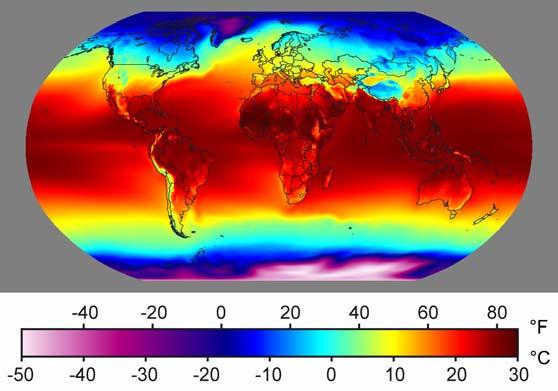 Figura CH.04.2. Harta temperaturilor anuale medii pe Terra. (sursa: Wikipedia http://en.wikipedia.org/wiki/file:annual_average_temperature_map.
