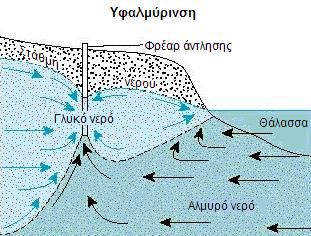 Πάνω απ αυτήν κινείται το ελαφρύτερο γλυκό νερό που εξέρχεται προς τη θάλασσα και κάτω από αυτήν συναντάται το αλμυρό νερό.