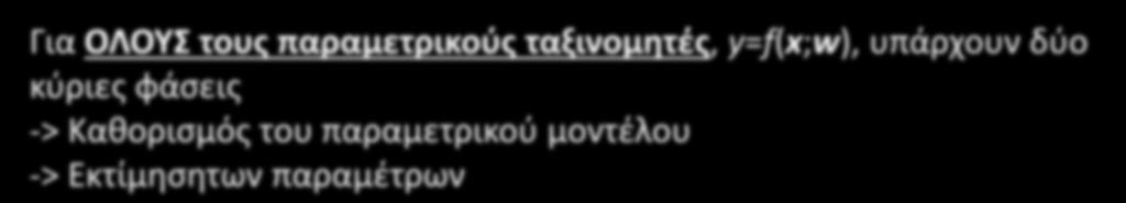 A ΠΑΡΑΜΕΤΡΙΚΟΙ ΤΑΞΙΝΟΜΗΤΕΣ ΒΑΣΙΣΜΕΝΟΙ ΣΕ ΣΥΝΑΡΤΗΣΕΙΣ ΔΙΑΚΡΙΣΗΣ Για ΟΛΟΥΣ τους παραμετρικούς ταξινομητές, y=f;w, υπάρχουν δύο κύριες φάσεις -> Καθορισμός του παραμετρικού μοντέλου -> Εκτίμησητων