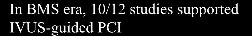 In BMS era, 10/12 studies supported IVUS-guided PCI Study Choi et al (AHJ 2001;142:112-8) CENIC (JACC 2002;39:54A) CRUISE (Circulation 2000;102:523-30) SIPS (Circulation 2000;102:2497-502 and AJC