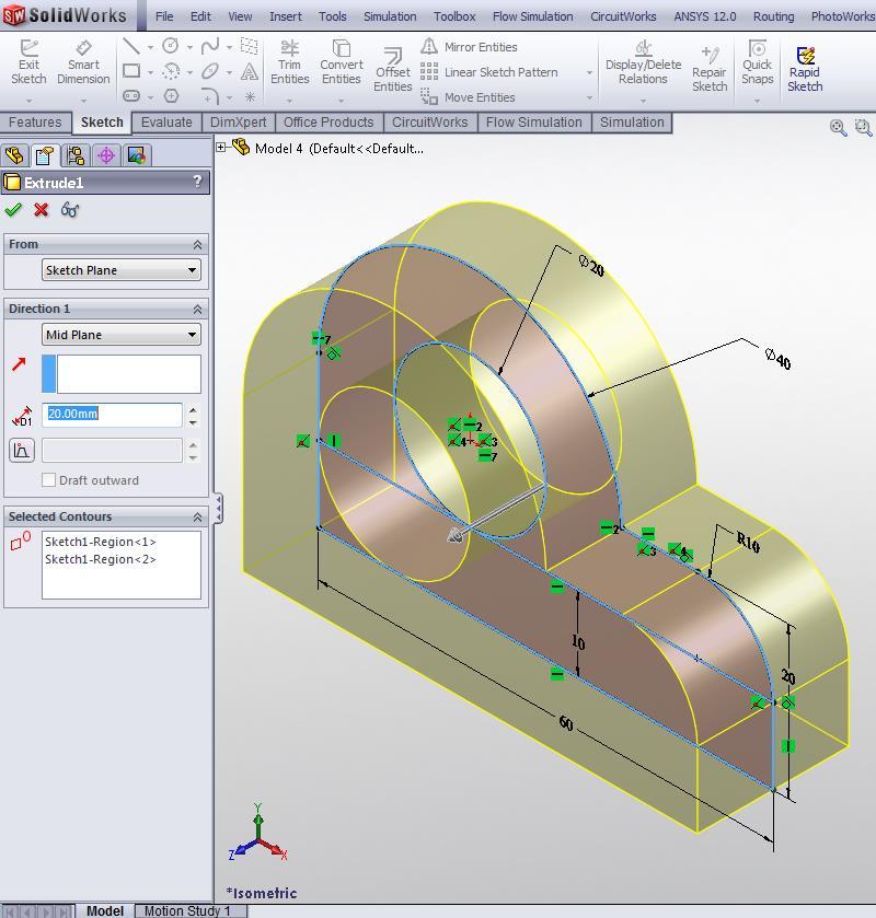 Extrude: Sketch1 From: sketch plane Direction 1: Mid