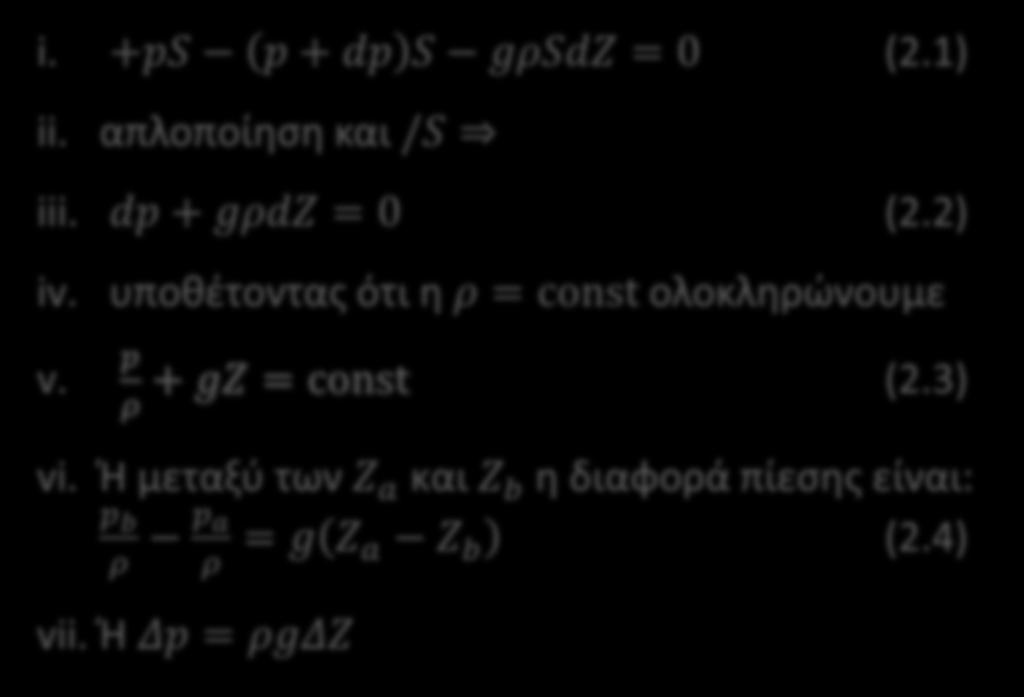 Υδροστατική Ισορροπία dz (p +dp)s ρ g S dz +p S Z a dz i. +ps p + dp S gρsdz = 0 (2.1) ii. απλοποίηση και /S iii. dp + gρdz = 0 (2.2) iv.