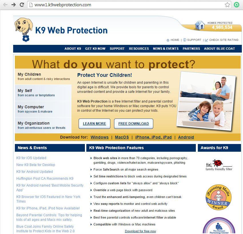 K9 Web Protection http://www1.k9webprotection.com/ Φραγή ιστοσελίδων ανά κατηγορία, όπως πορνογραφία, ναρκωτικά, σελίδες γνωριμιών, βία, ρατσισμός κ.α. Προρυθμισμένα επίπεδα ασφαλείας ανάλογα με την ηλικία του παιδιού.