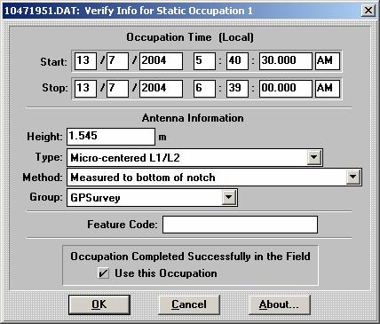 3] - σε πληροφορίες για το σημείο-στάση (Verify Station for Static Occupation), τον χρόνο έναρξης και λήξης των μετρήσεων.