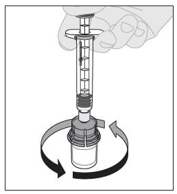 12. Με τη σύριγγα ακόμα συνδεδεμένη στον προσαρμογέα και τη ράβδο εμβόλου πιεσμένη προς τα κάτω, περιδινίστε απαλά το φιαλίδιο μέχρι να διαλυθεί η κόνις. Μην αναταράσσετε. 13.