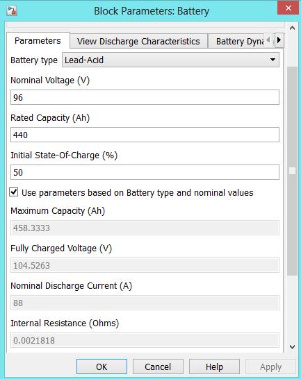 Το μοντέλο της μπαταρίας που θα χρησιμοποιηθεί υπάρχει έτοιμο στη βιβλιοθήκη του Matlab /Simulink και συγκεκριμένα το μπλοκ τιμών του φαίνεται παρακάτω : Σχήμα 5.1 Παραμετροποίηση τιμών μπαταρίας 5.